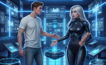 AI girlfriend greeting man with a male sex toy