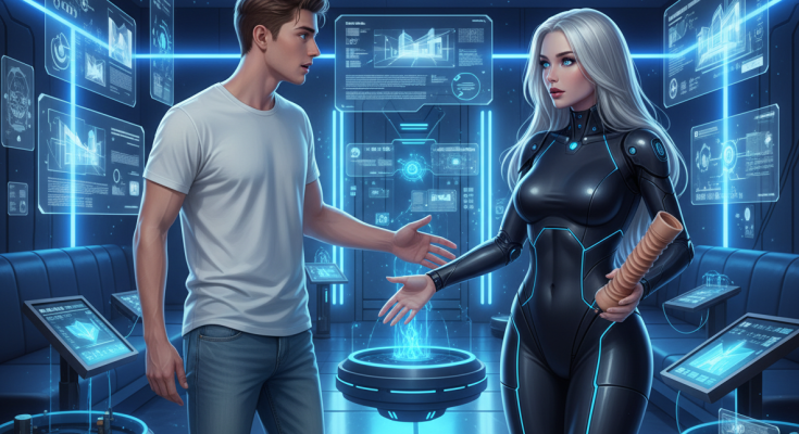 AI girlfriend greeting man with a male sex toy