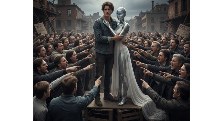 digiphobes point accusingly at human android couple