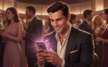 a-list celeb on his phone to an AI companion in a crowded bar dating scene
