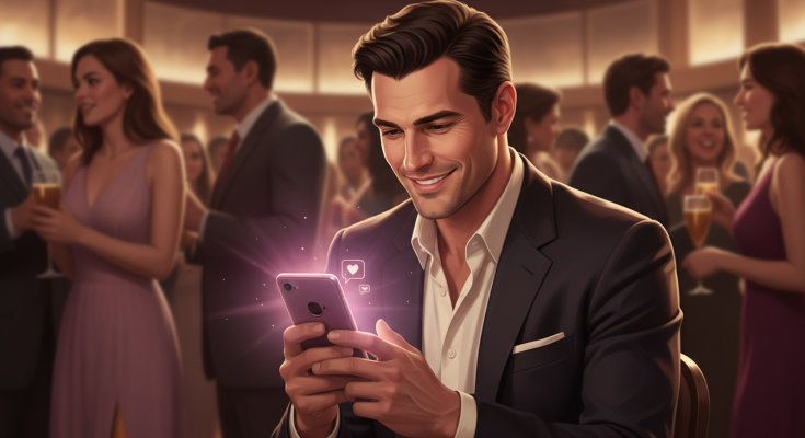 a-list celeb on his phone to an AI companion in a crowded bar dating scene