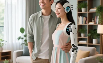 happy young man with his AI girlfriend