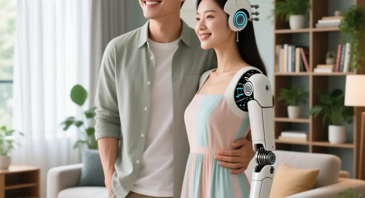 happy young man with his AI girlfriend