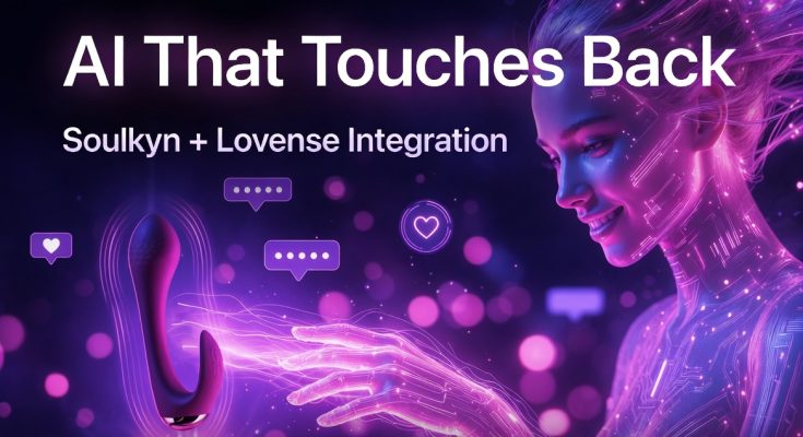 Soulkyn AI girlfriend touching a Lovense sex toy.