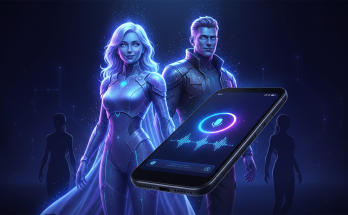 Glowing holographic AI companions with a sleek voice UI, all in a dark, cinematic tech aesthetic.