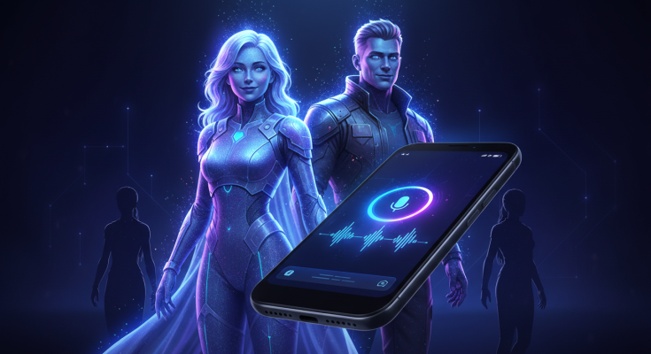 Glowing holographic AI companions with a sleek voice UI, all in a dark, cinematic tech aesthetic.