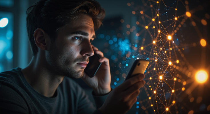 Man listens and talks to his AI girlfriend smartphone app simultaneously.