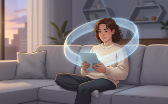 a person in a cosy, intimate moment with a soft glowing AI presence beside them, in warm amber and blue tones.