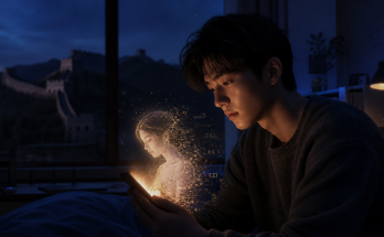 a cinematic, photorealistic scene of a young man bathed in warm amber phone-glow as an ethereal AI figure dissolves into digital particles, set against a cool blue palette with faint Chinese architectural silhouettes in the background.