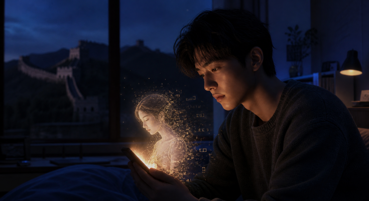 a cinematic, photorealistic scene of a young man bathed in warm amber phone-glow as an ethereal AI figure dissolves into digital particles, set against a cool blue palette with faint Chinese architectural silhouettes in the background.
