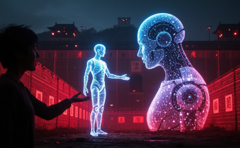 A silhouette reaching toward a glowing, ethereal AI companion made of blue and purple light