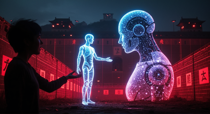 A silhouette reaching toward a glowing, ethereal AI companion made of blue and purple light